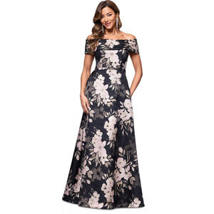 Xscape Women's Metallic Jacquard Off-the-Shoulder Gown - Black/Rose, Size 14